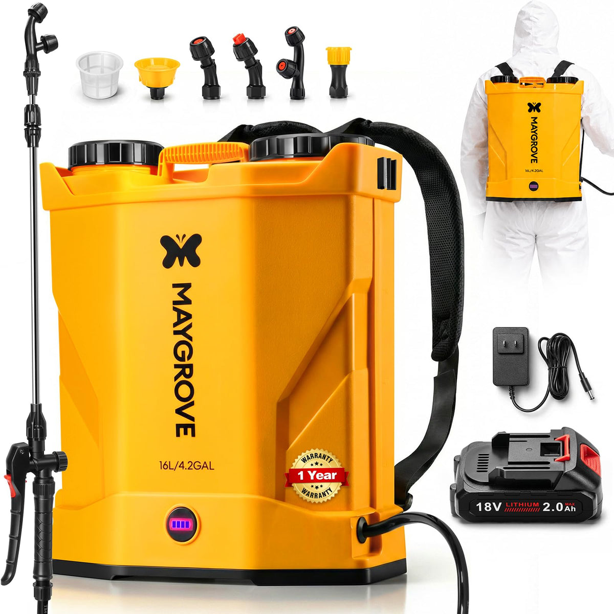 Maygrove 4.2 Gallon Battery Powered Backpack Sprayer front view