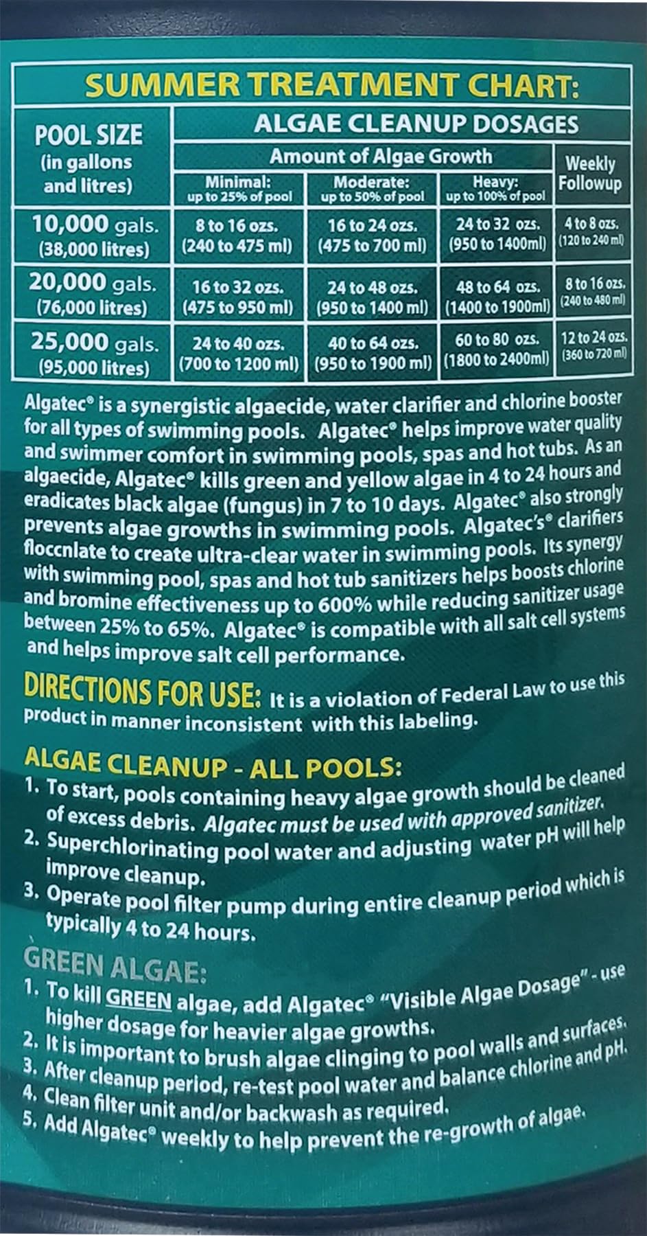 McGrayel Algatec Super Algaecide bottle back view with instructions