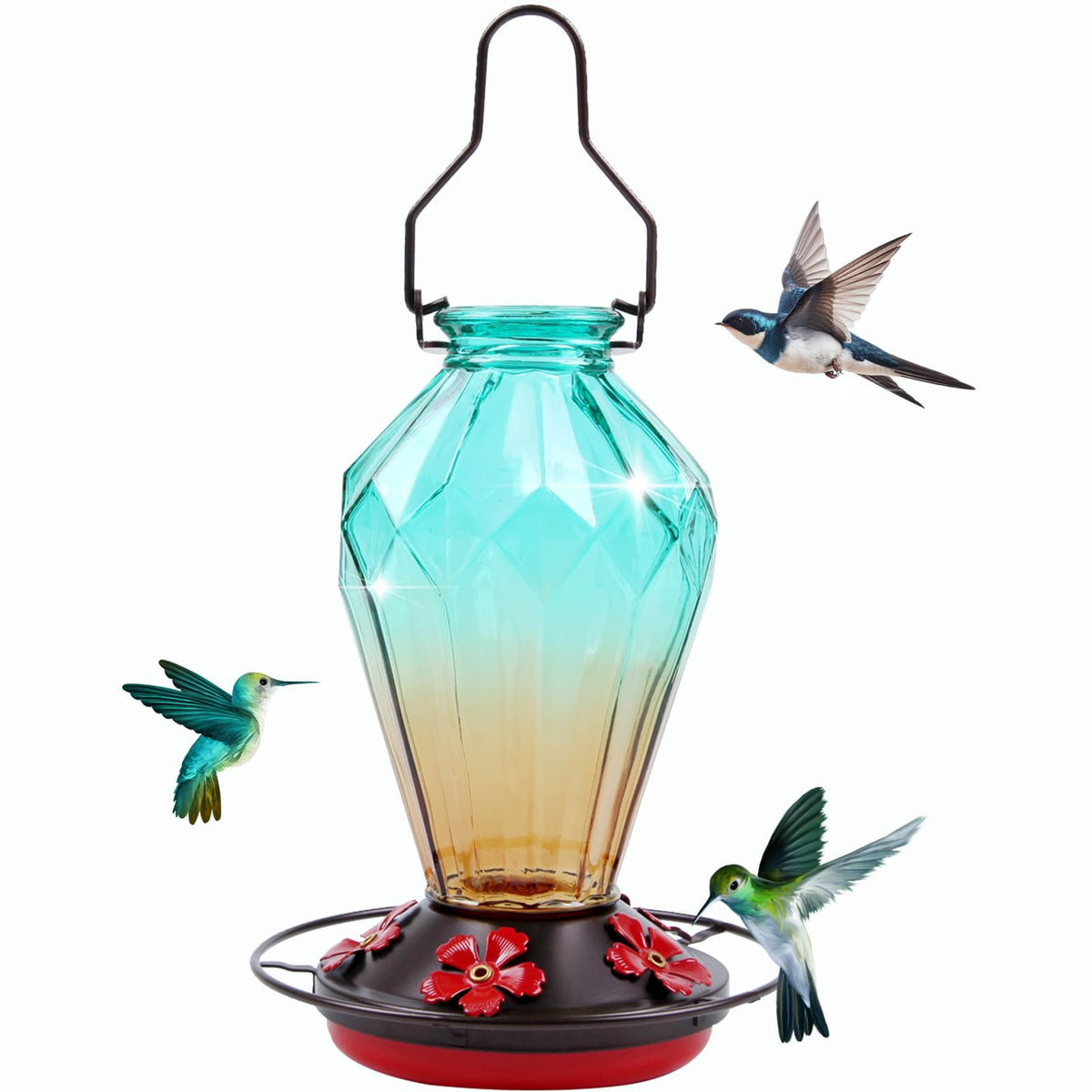 MCHBF Glass Hummingbird Feeder front view in diamond green