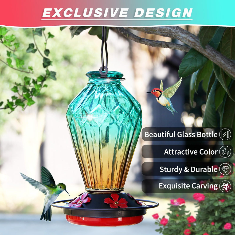 MCHBF Glass Hummingbird Feeder showing weather-resistant design