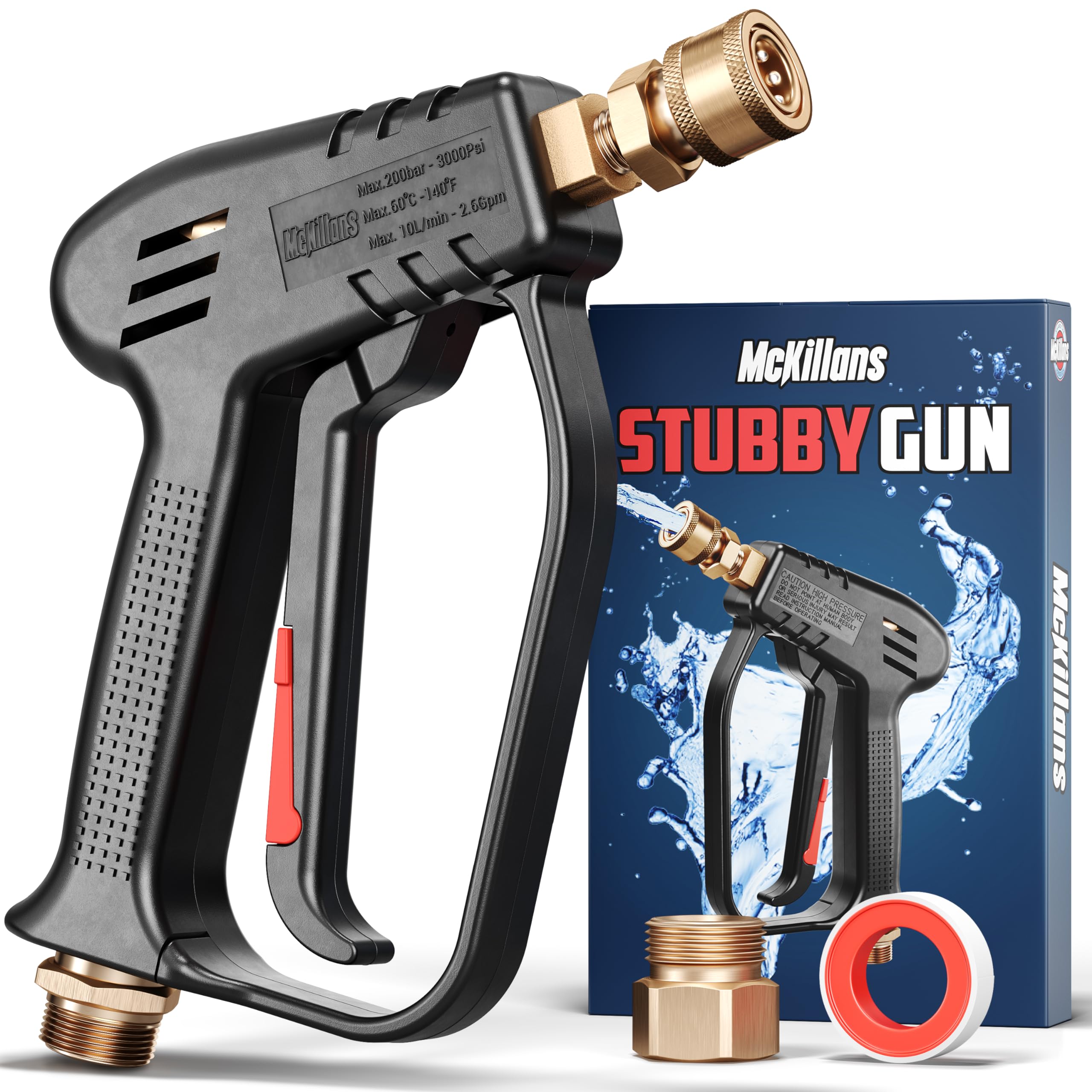 McKillans Short Pressure Washer Gun front view with brass connectors