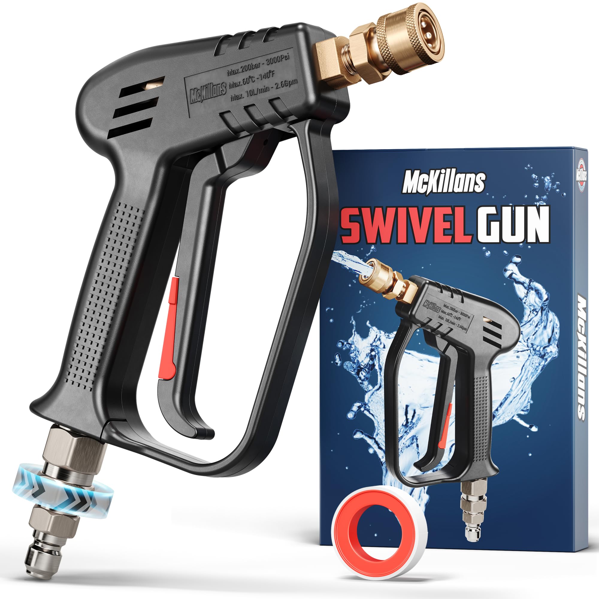 McKillans Short Pressure Washer Gun front view with swivel design