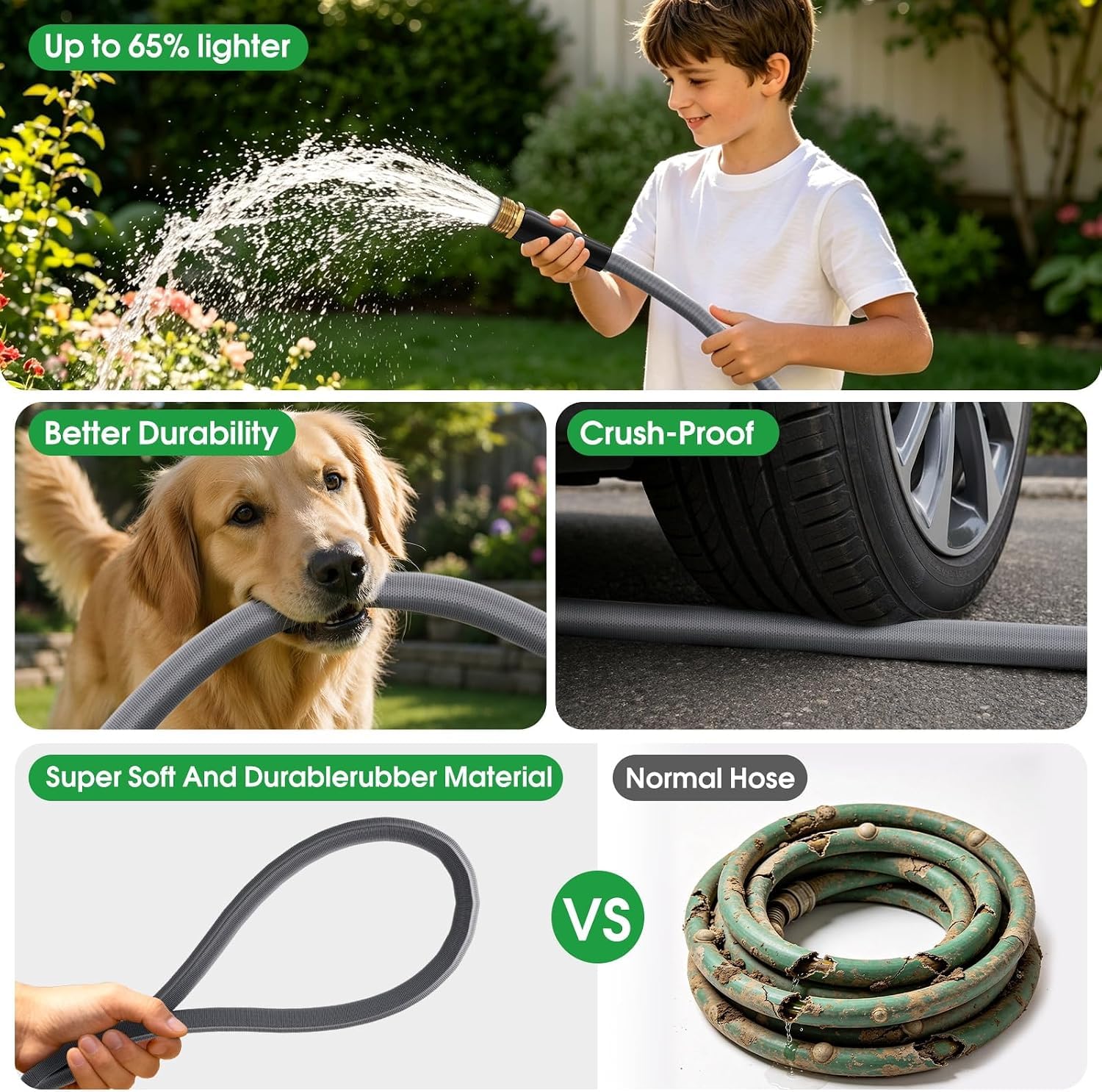 MEACKLE garden hose on a patio, showcasing its lightweight design