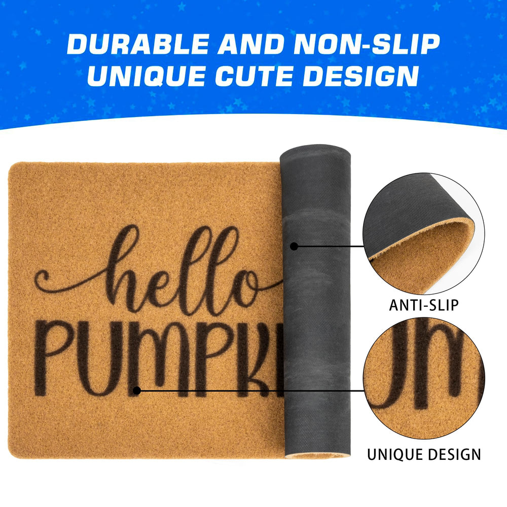 Mealah Hello Pumpkin Welcome Doormat in outdoor setting