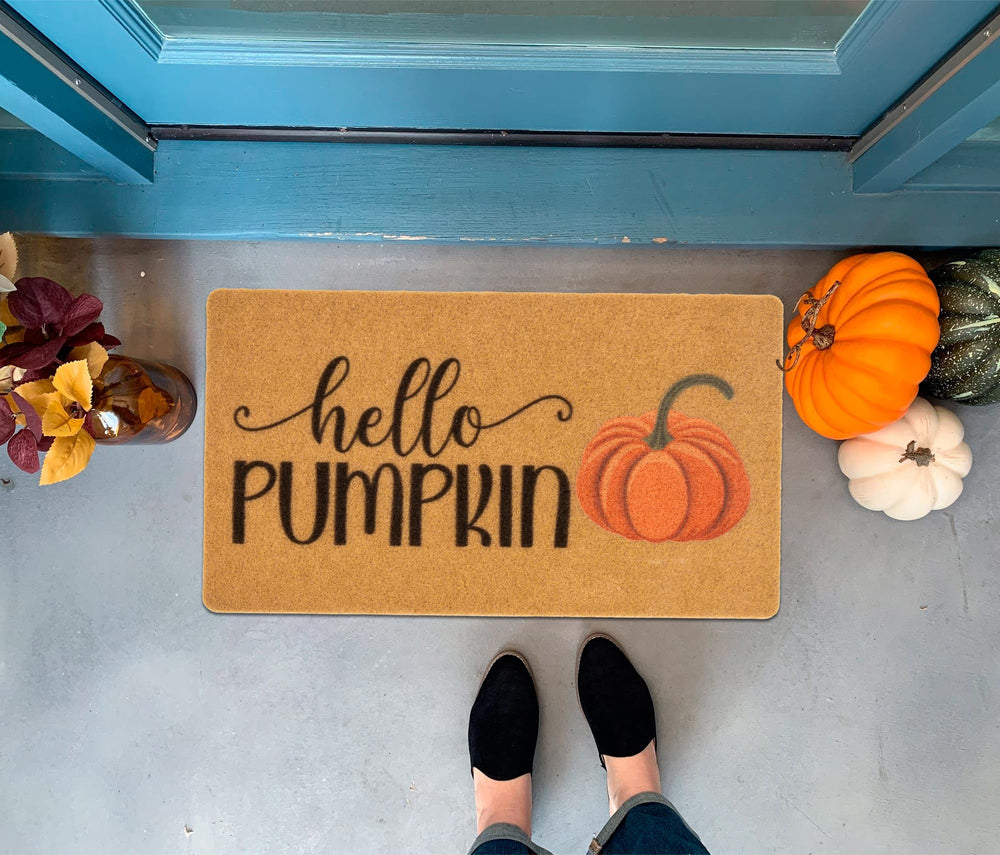 Mealah Hello Pumpkin Welcome Doormat showing low-profile design