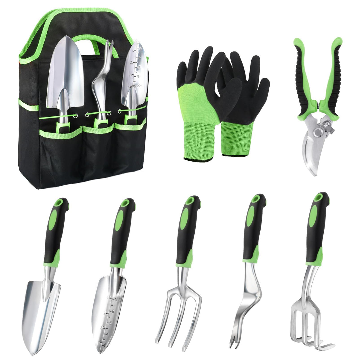 MECHEER 8-piece gardening tools set with ergonomic handles in green
