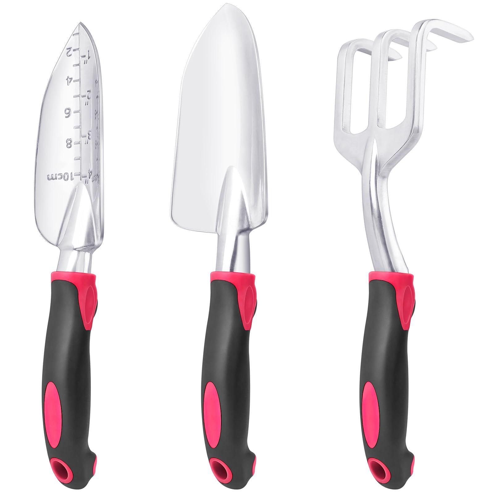 MECHEER Garden Tools Set including trowel, rake, and spade in red