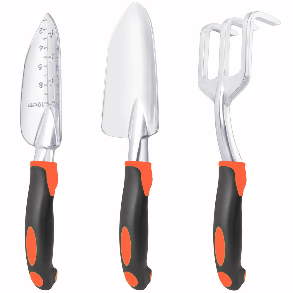 MECHEER garden trowel, transplant trowel, and hand rake set in orange