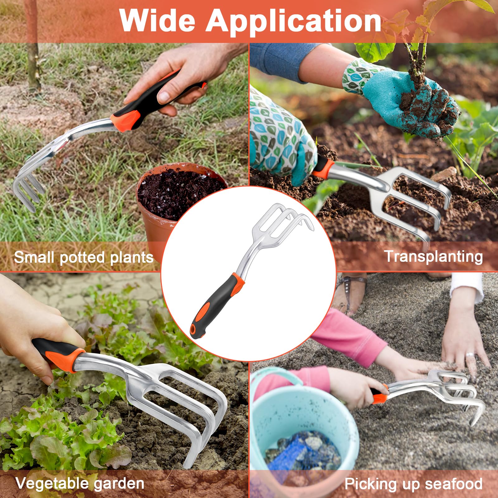 MECHEER Hand Rake Garden Tool hanging on a hook