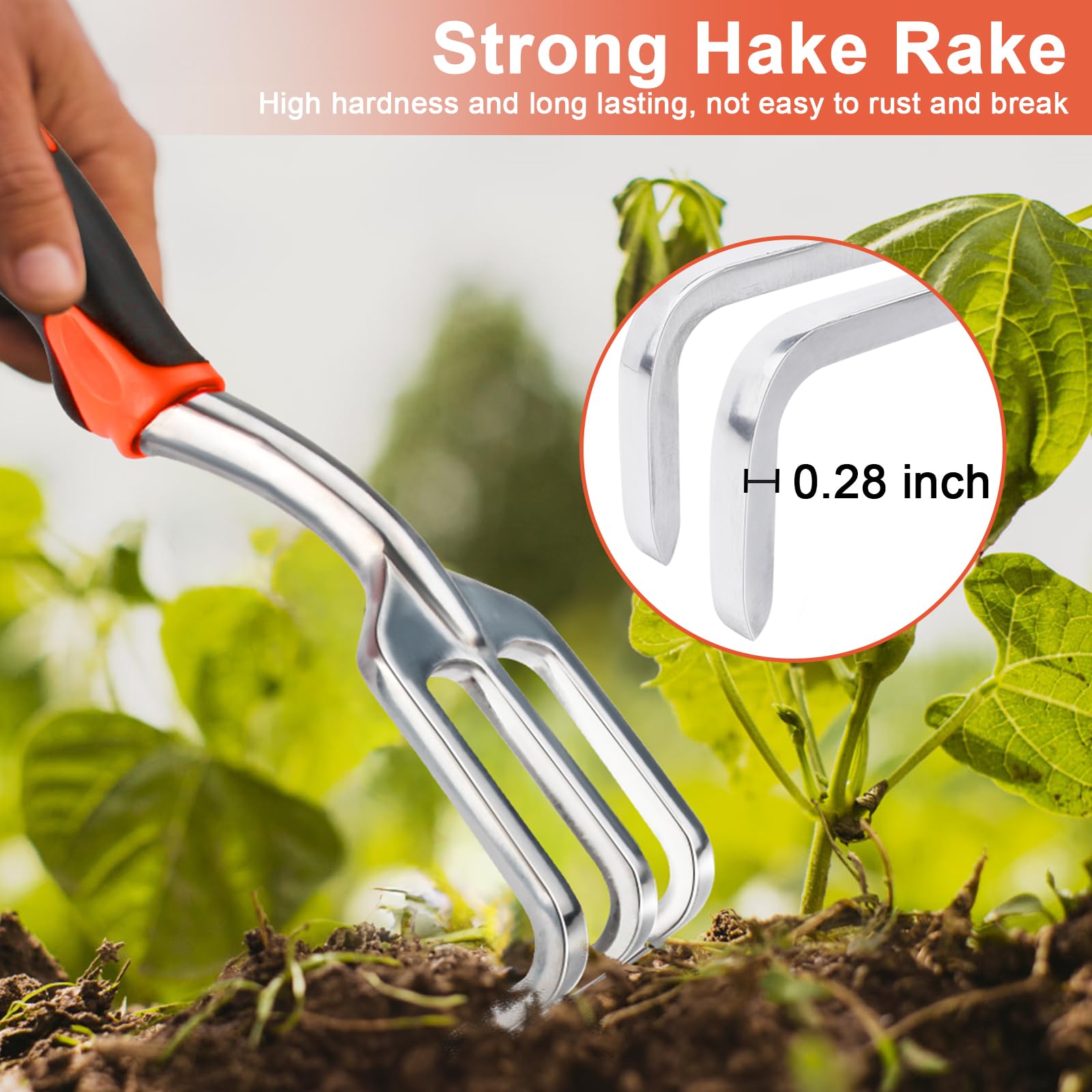 MECHEER Hand Rake Garden Tool on a garden table