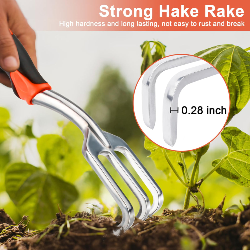 MECHEER Hand Rake Garden Tool on a garden table