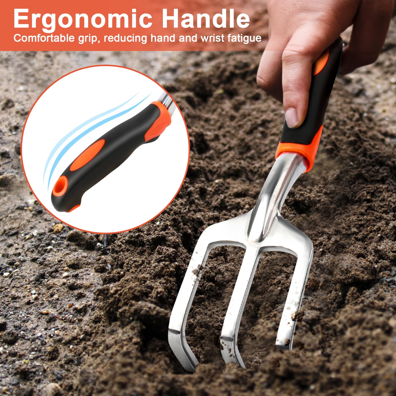 MECHEER Hand Rake Garden Tool with soil background