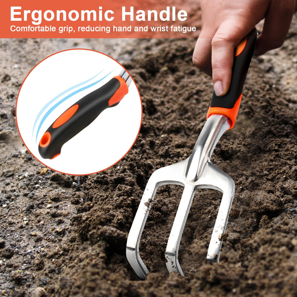 MECHEER Hand Rake Garden Tool with soil background