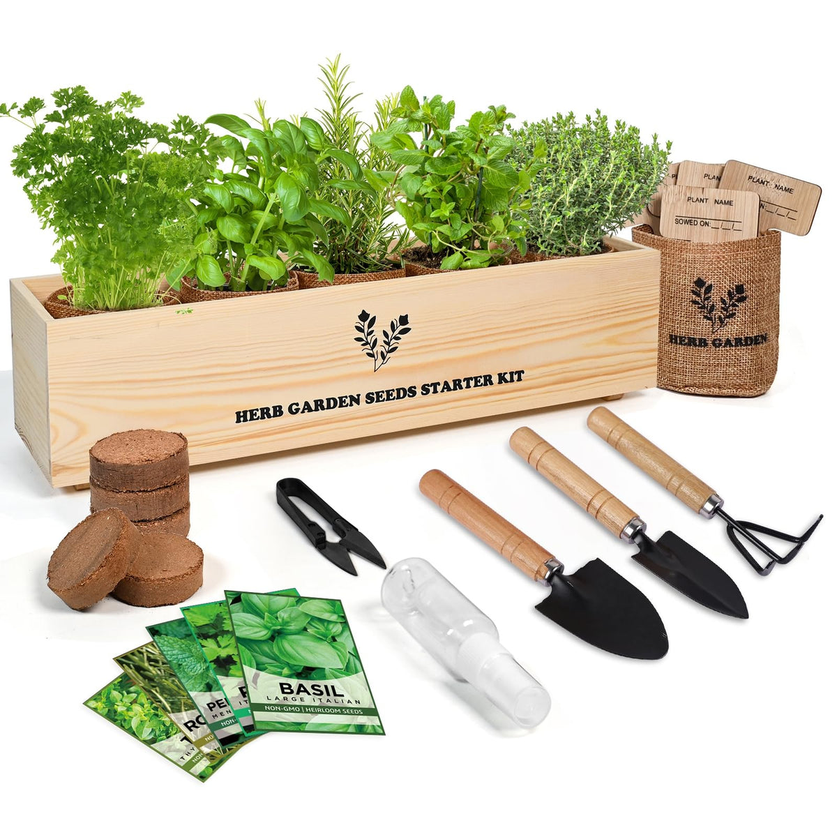 Meekear Herb Seeds Garden Starter Kit with planter box and tools