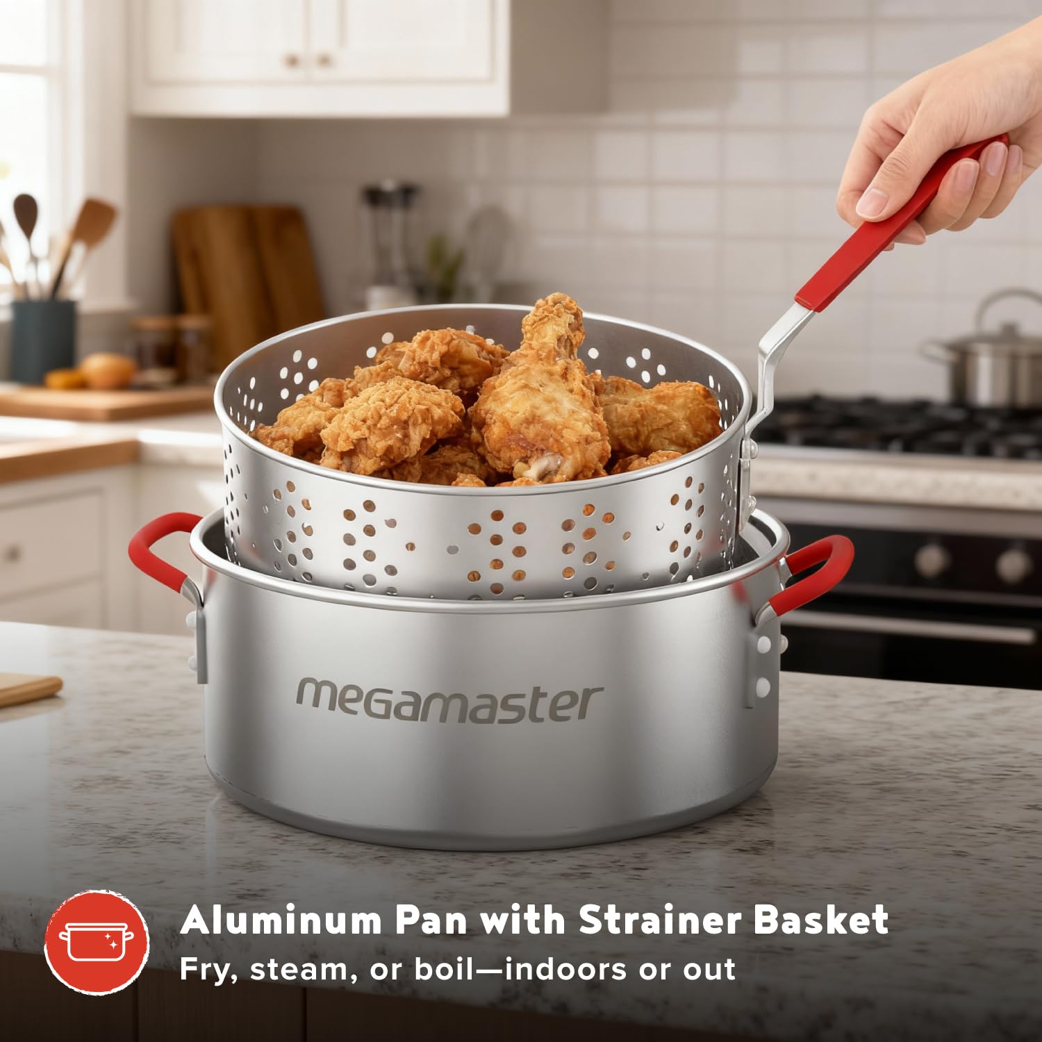 Megamaster 10.5QT fryer basket hanging to drain oil