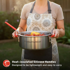 Megamaster fish fryer pot with basket in use outdoors