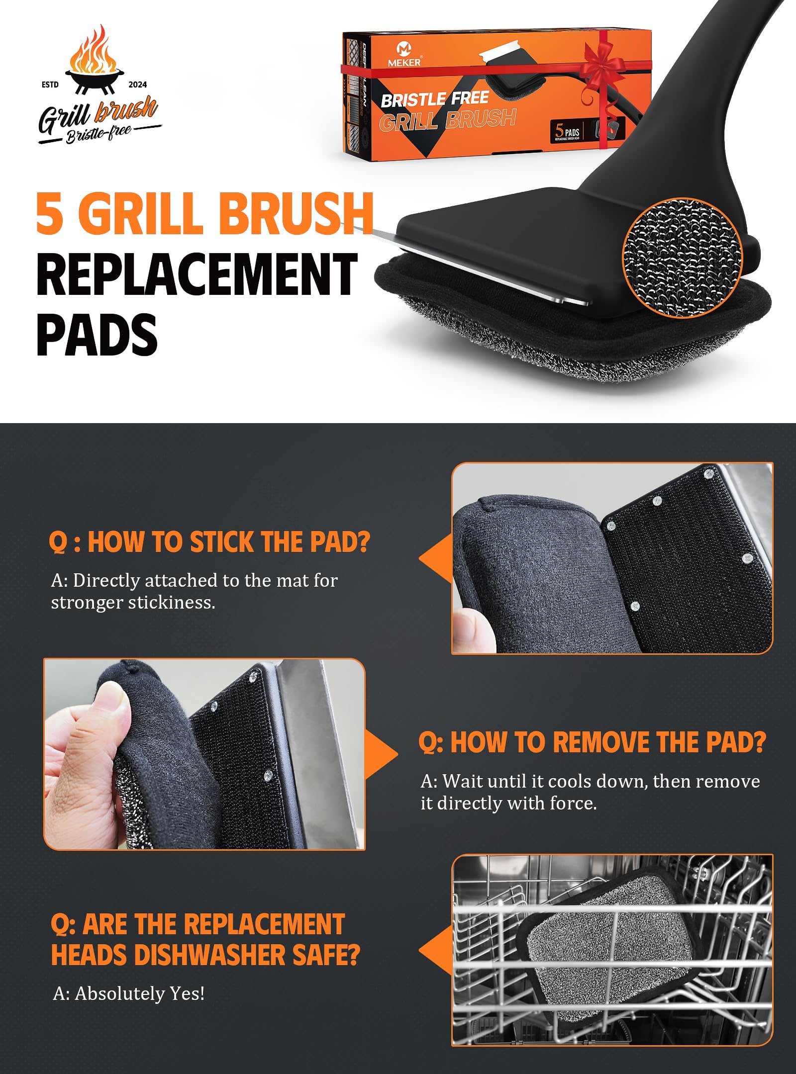 MEKER Grill Brush head showing flexible steel fibers