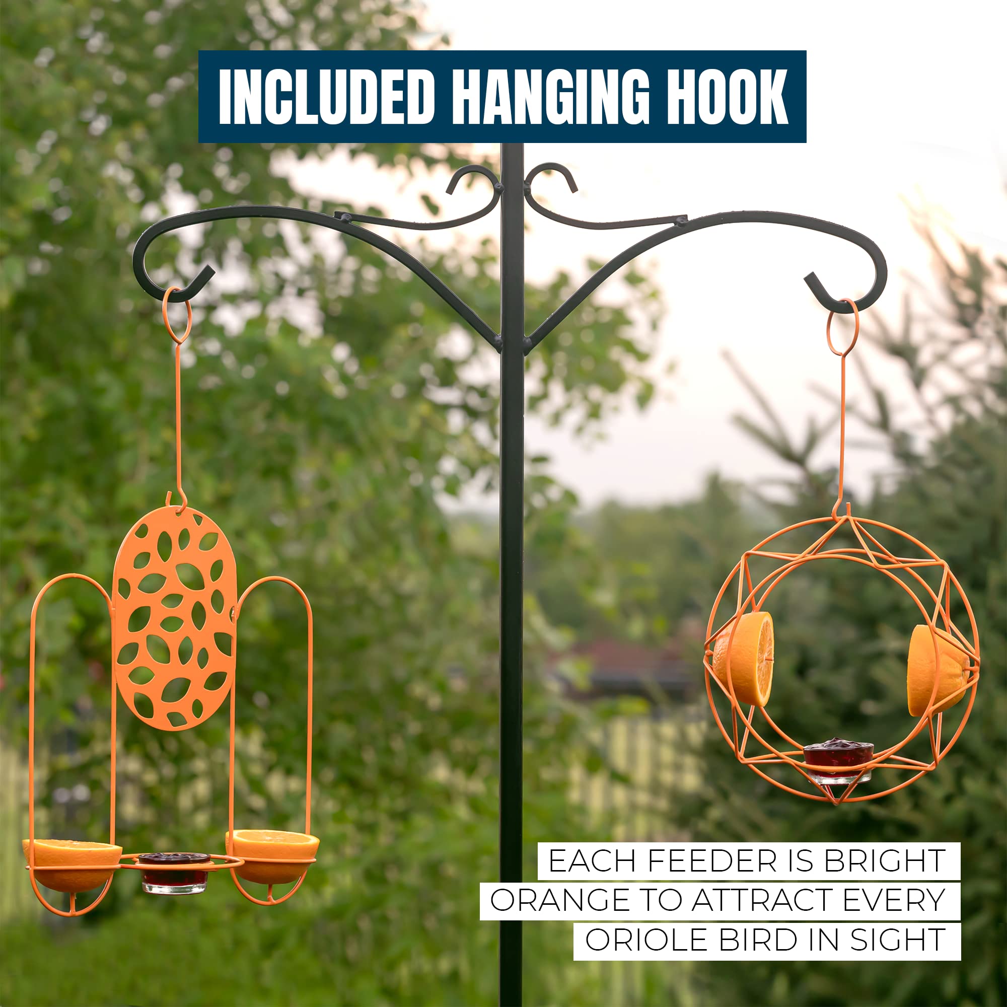 MEKKAPRO Baltimore Oriole Feeder positioned in a garden setting