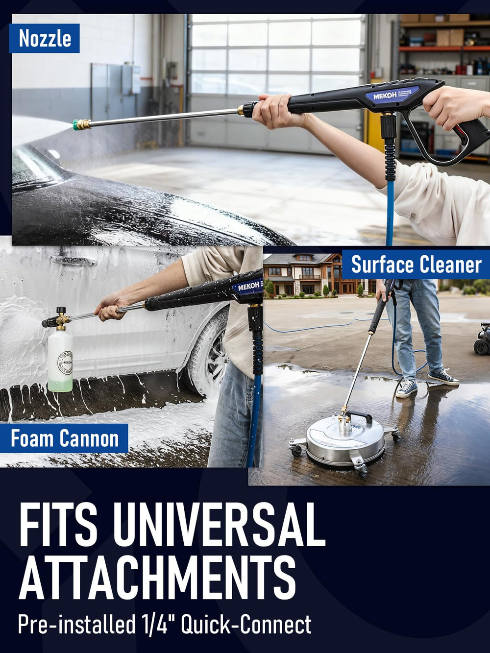 MEKOH pressure washer gun in use, cleaning a driveway