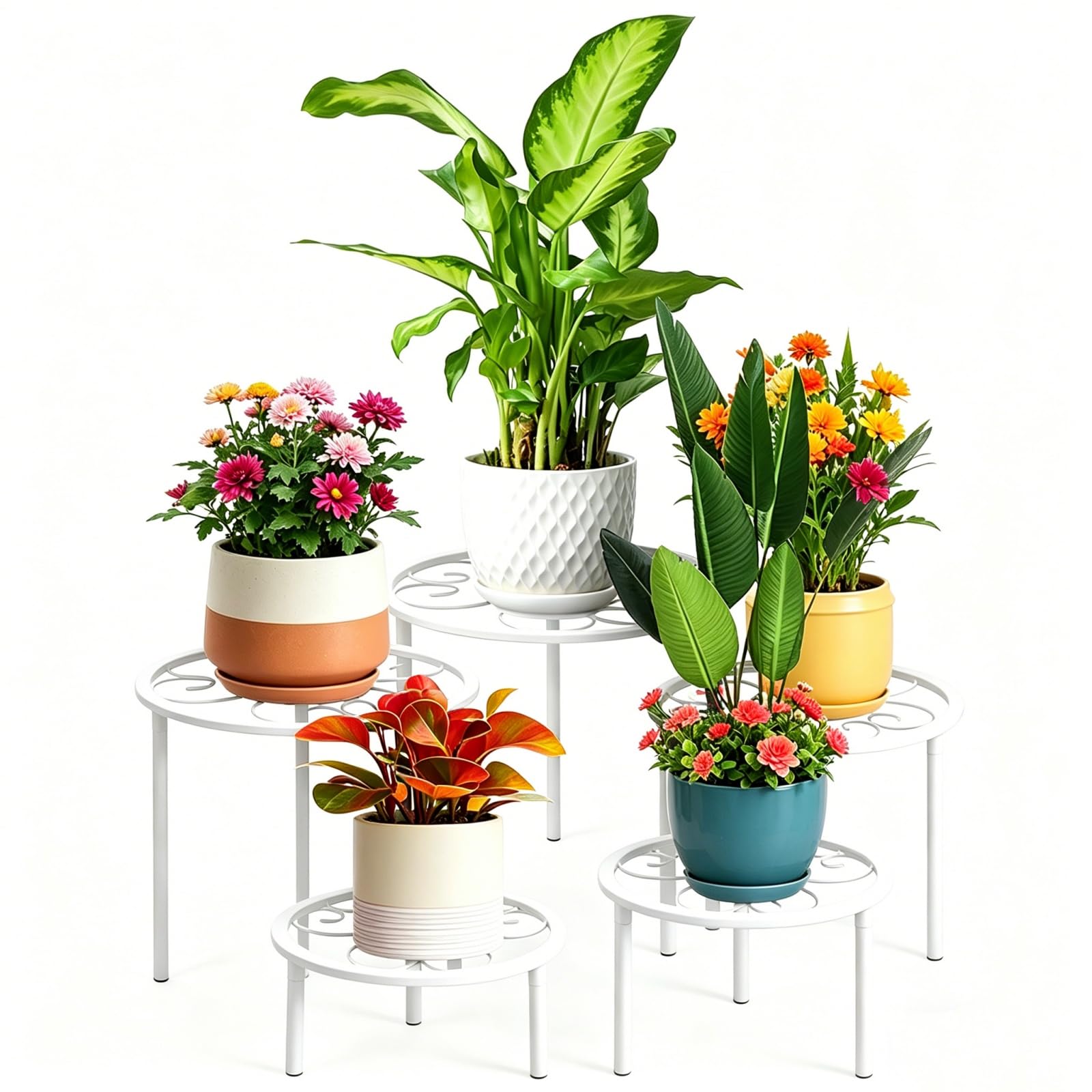 mekpiwu 5 Pack Metal Plant Stands white set front view