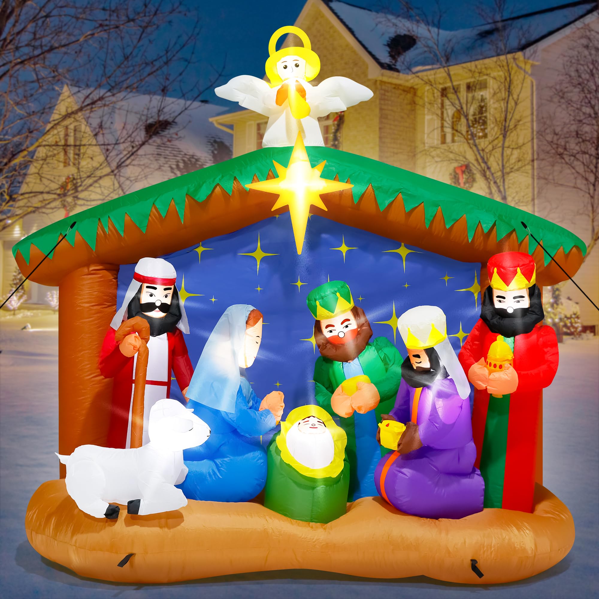 Melisheer 8FT Christmas Inflatable Nativity Scene with LED lights, front view