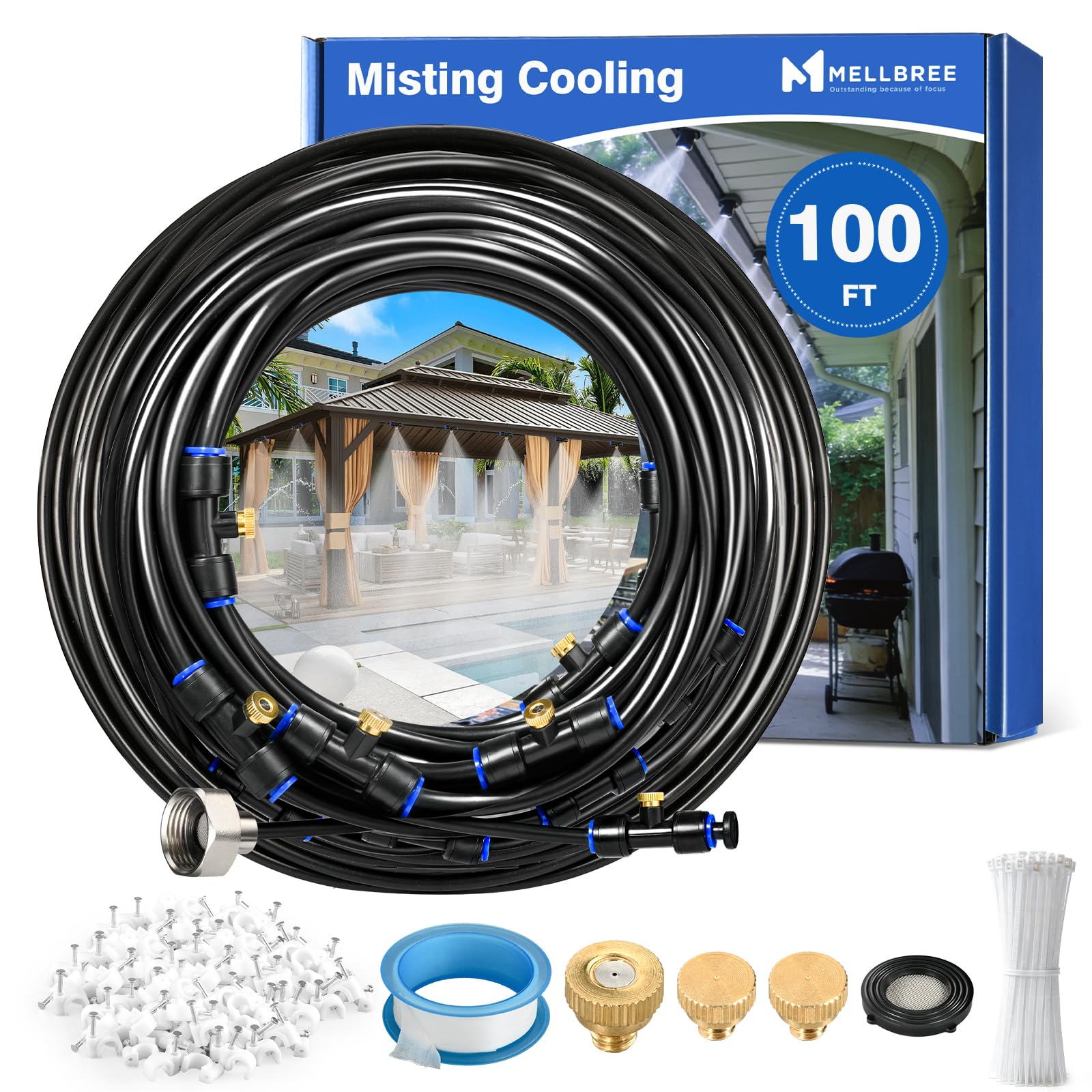 Mellbree 100FT misting system with brass nozzles in a garden setting