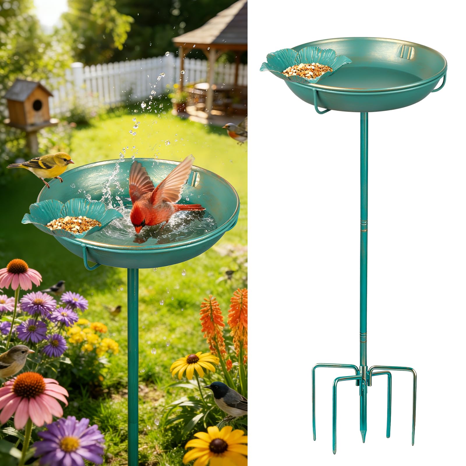 Mellbree Bird Bath 10-inch lake blue with gold finish front view