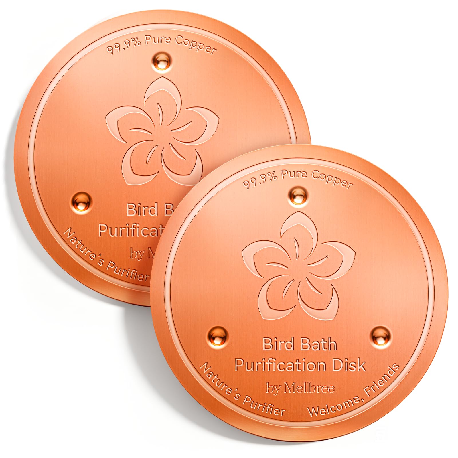 Mellbree Bird Bath Copper Disc front view, flower design