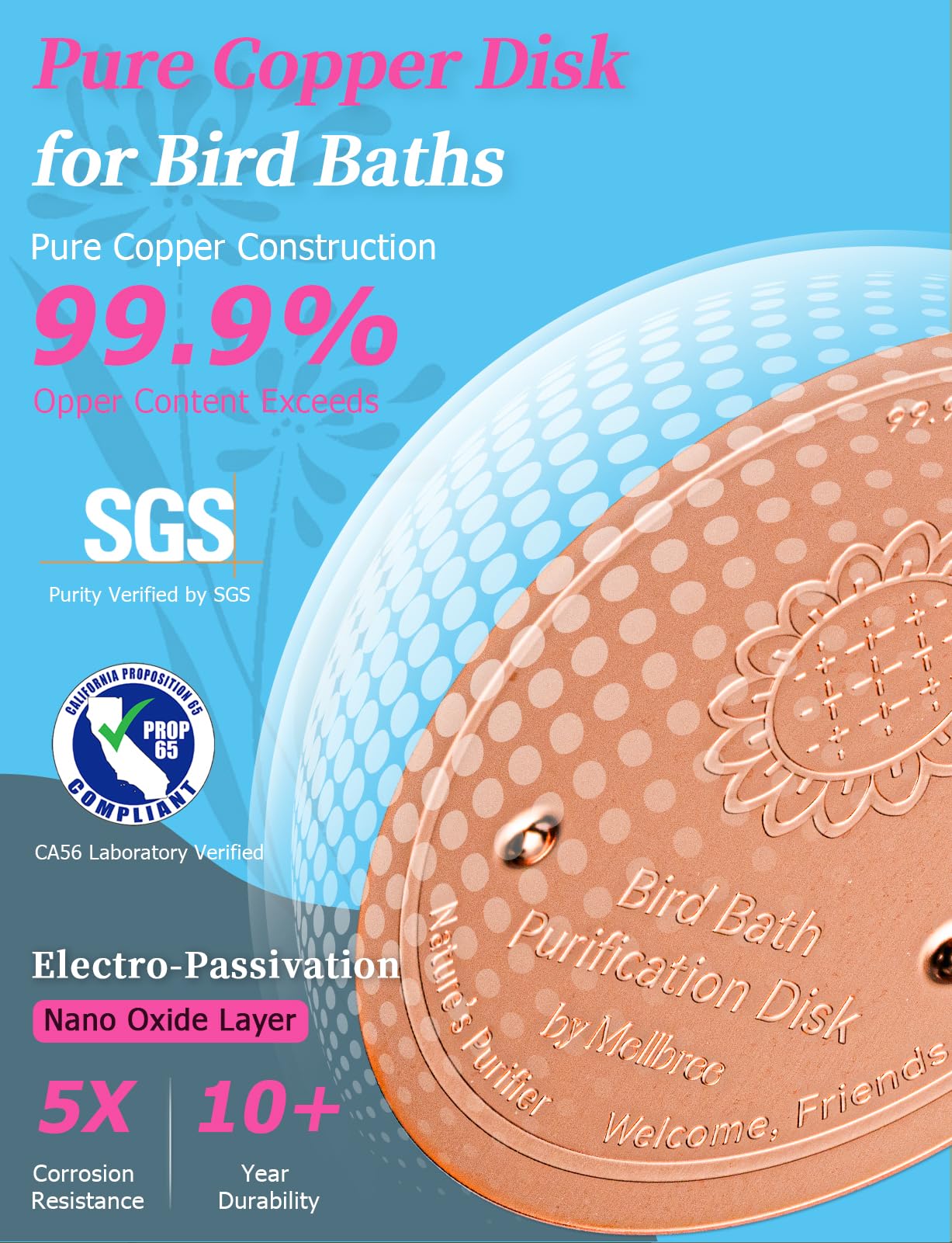 Mellbree copper disk placed in a plastic bird bath