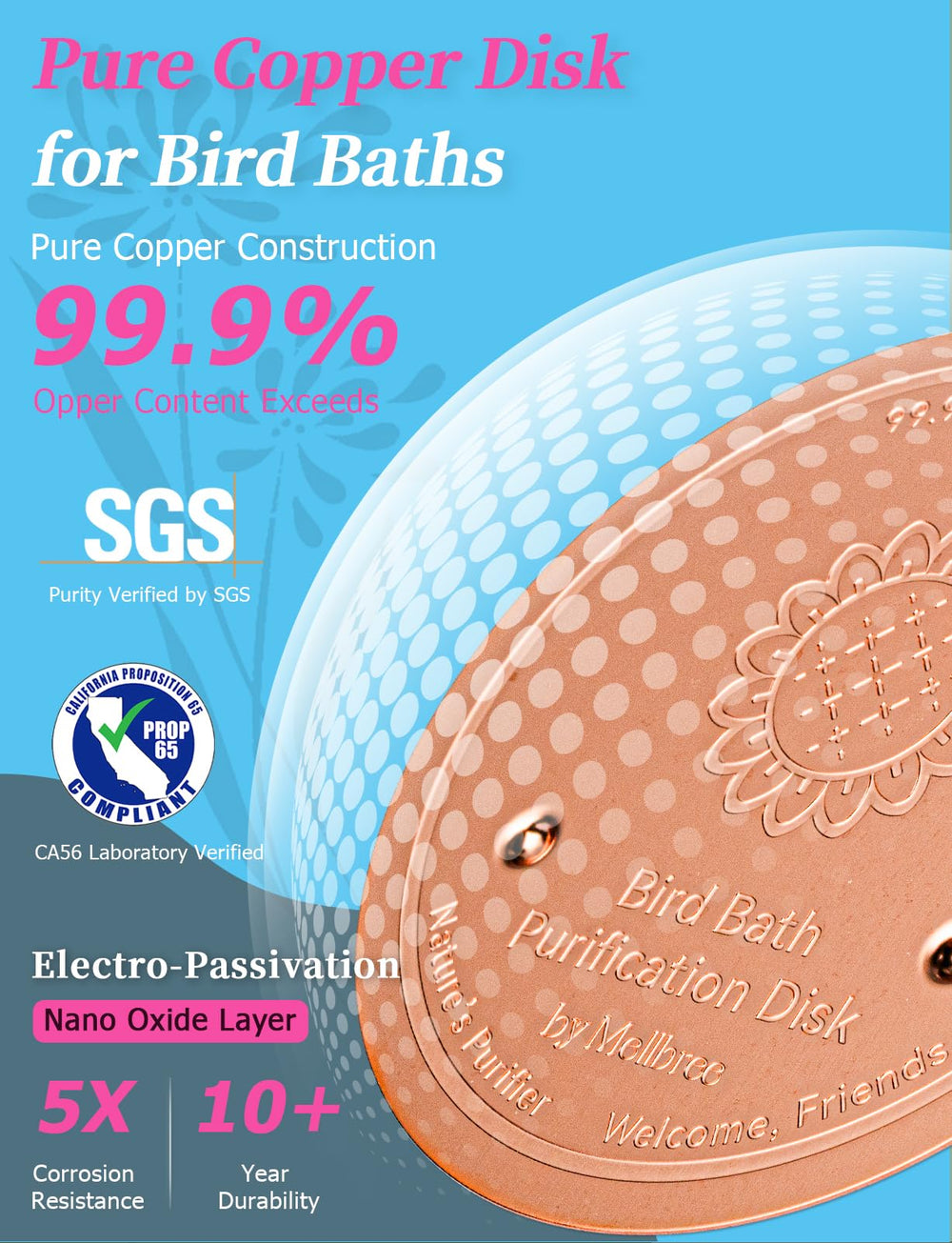 Mellbree copper disk placed in a plastic bird bath