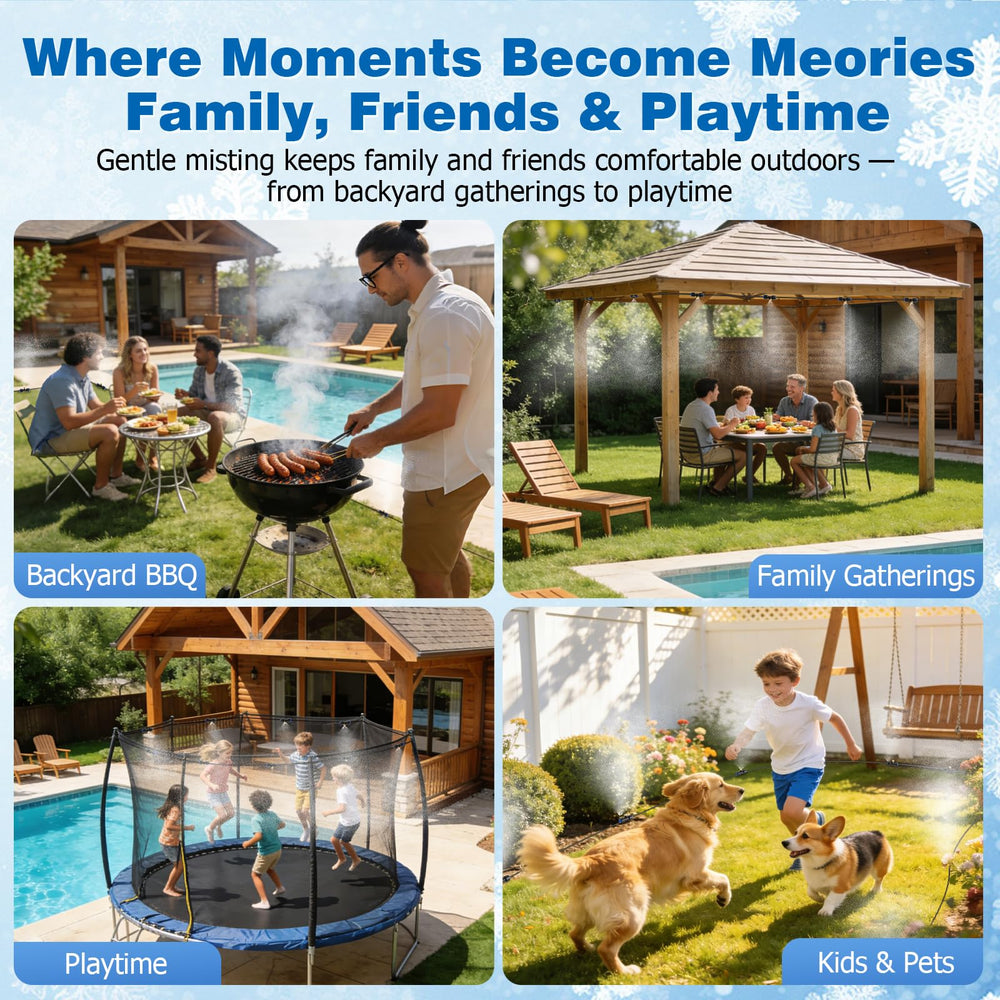 Mellbree misting system providing cooling mist over garden