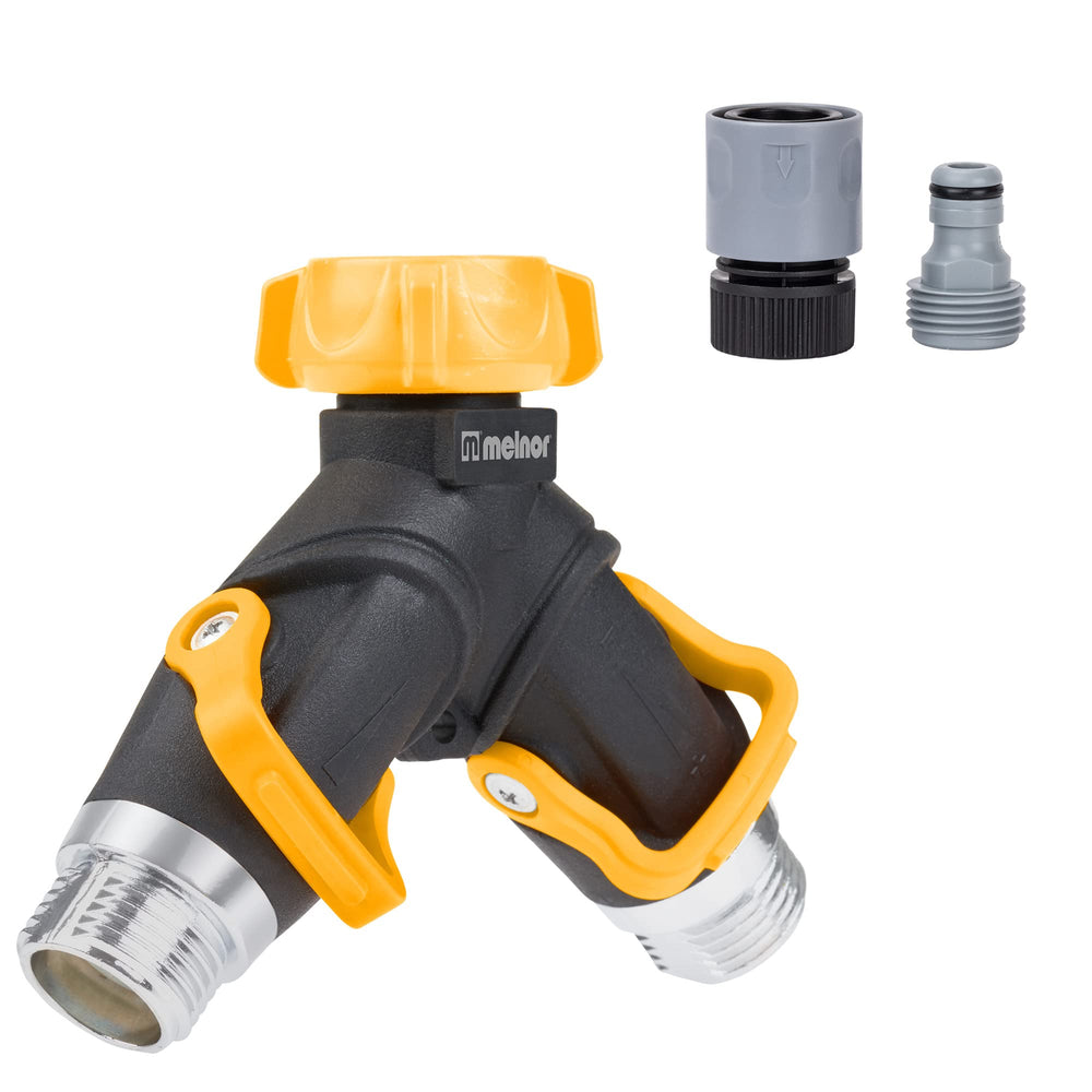 Melnor 2 Way Valve Connector front view showing yellow and black design