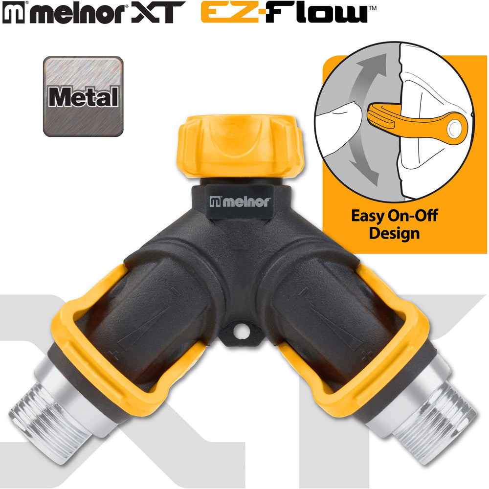 Melnor 2 Way Valve Connector installed on a garden hose
