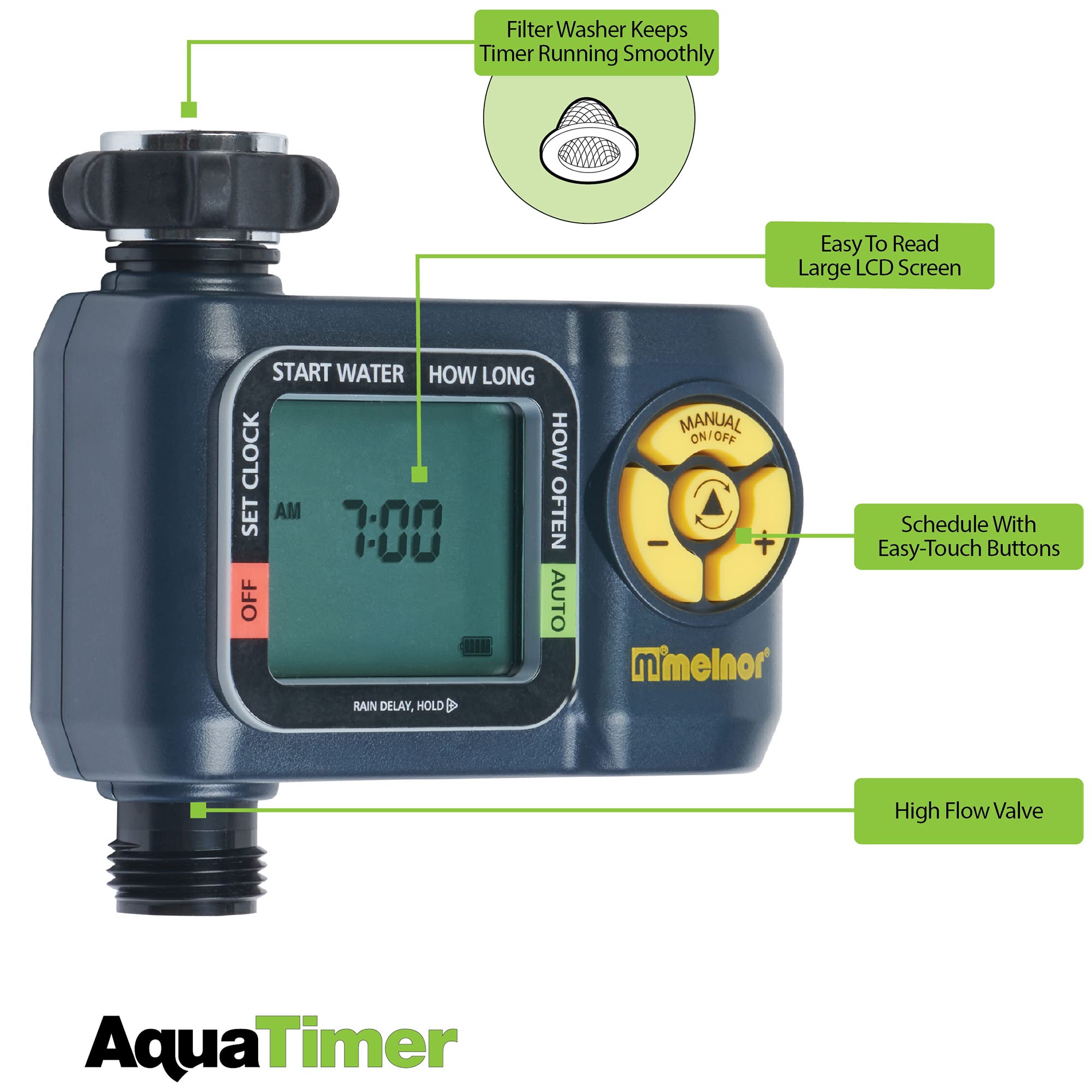 Melnor AquaTimer Digital Hose Timer with settings displayed