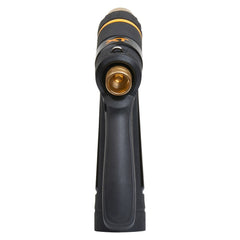 Melnor hose nozzle with rubber grip and rear trigger