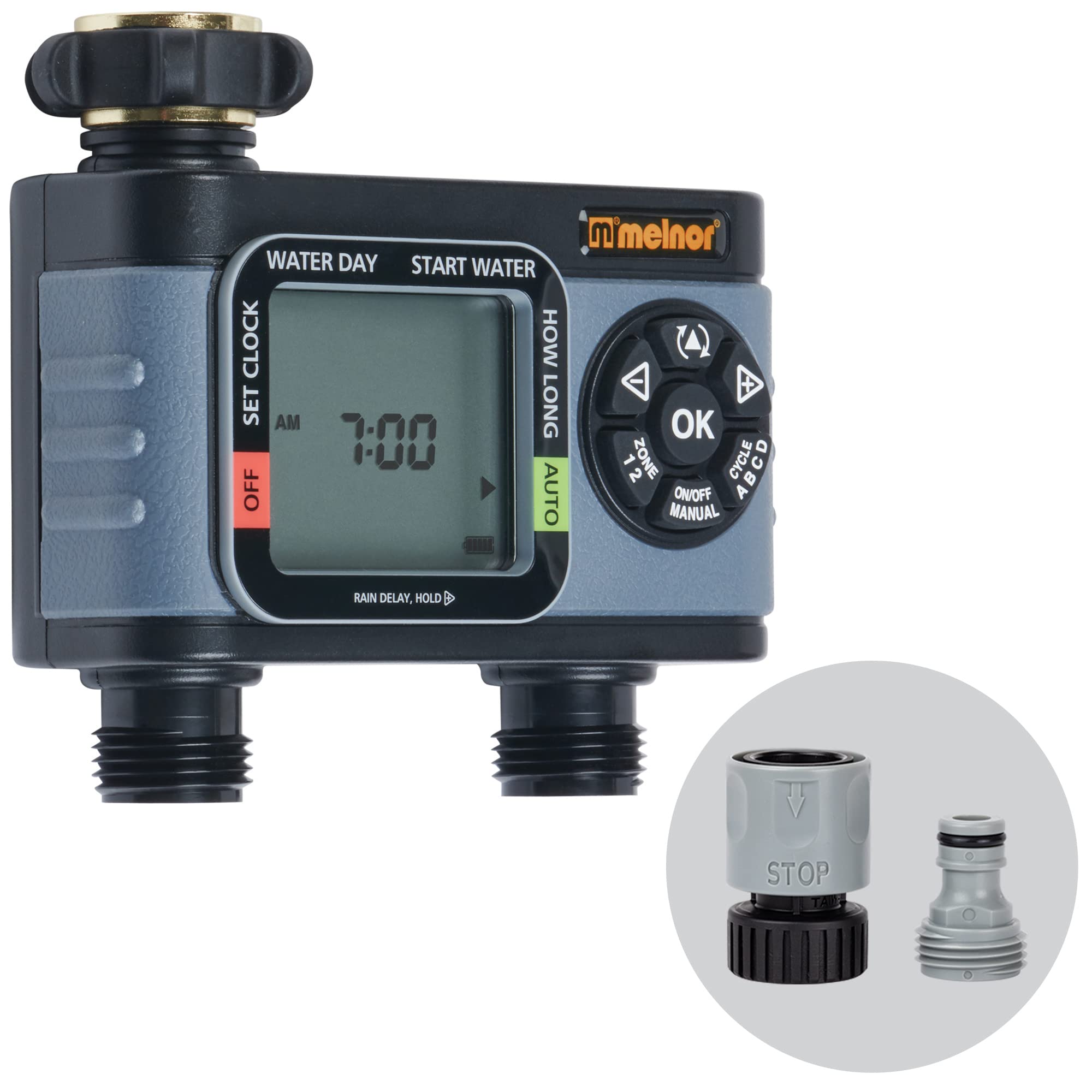 Melnor HydroLogic Digital Hose Timer front view, black and grey