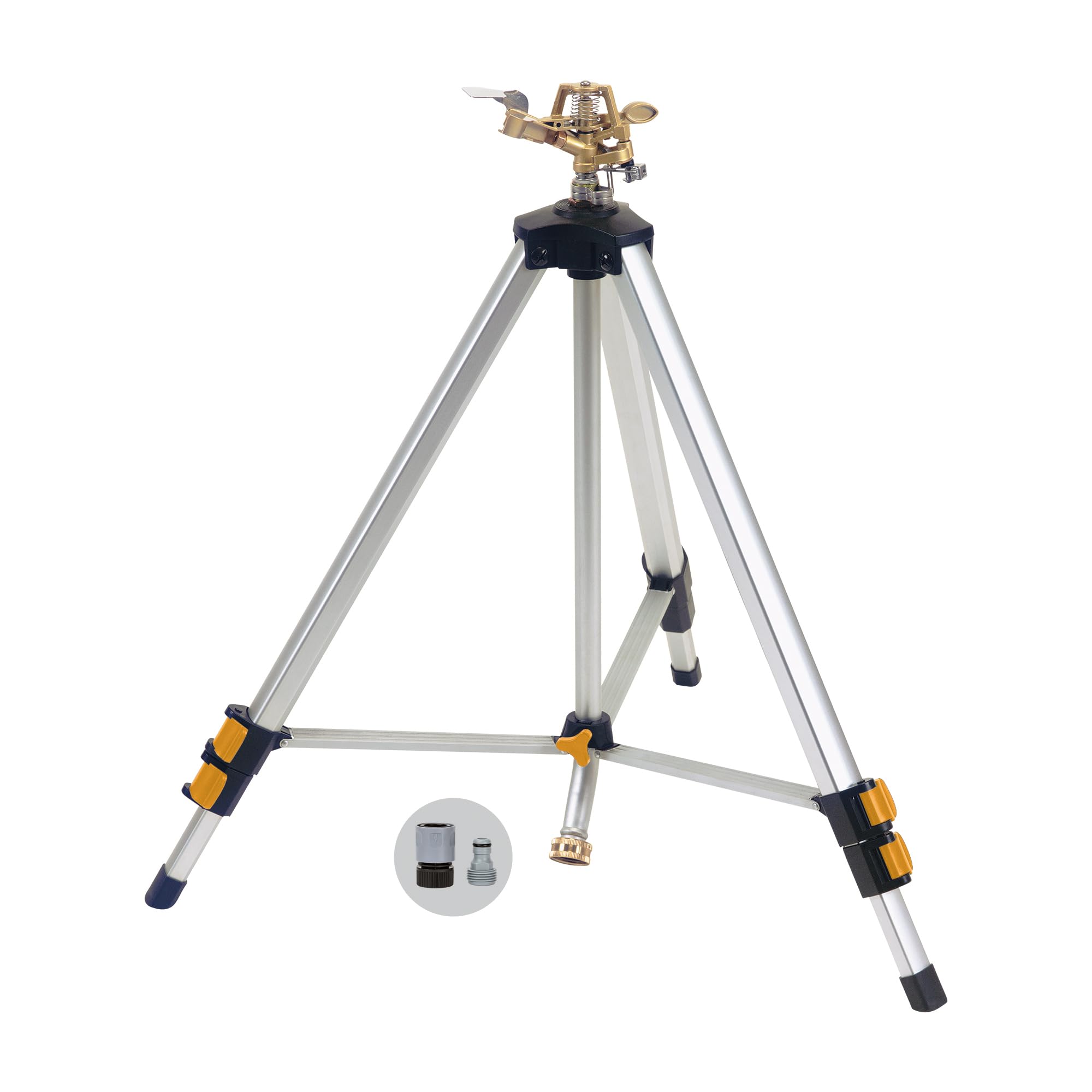 Melnor Metal Pulsating Sprinkler on tripod with garden background
