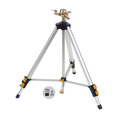 Melnor Metal Pulsating Sprinkler on tripod with garden background
