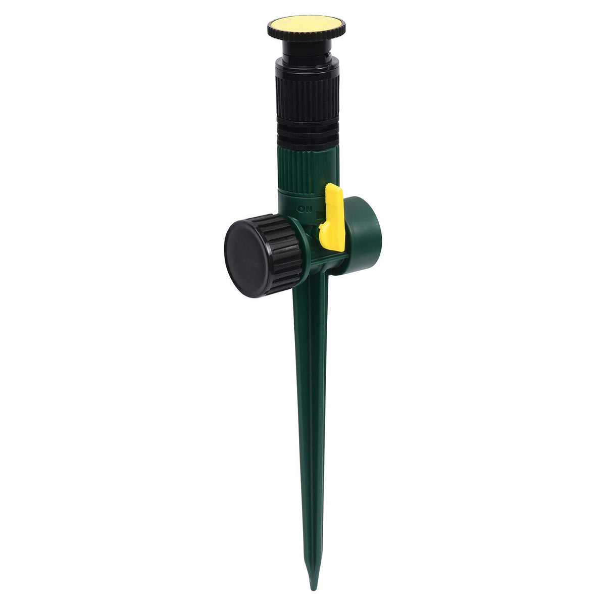Melnor Multi Adjustable Lawn Sprinkler front view with green spike