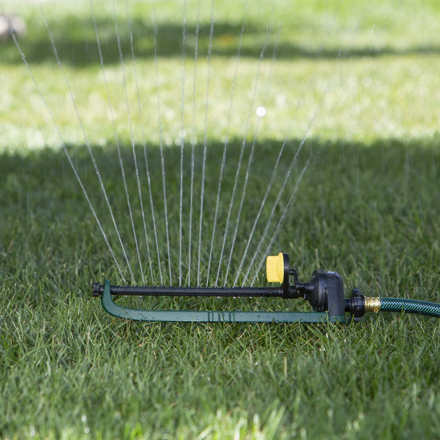 Melnor Oscillating Sprinkler showing adjustable spray range