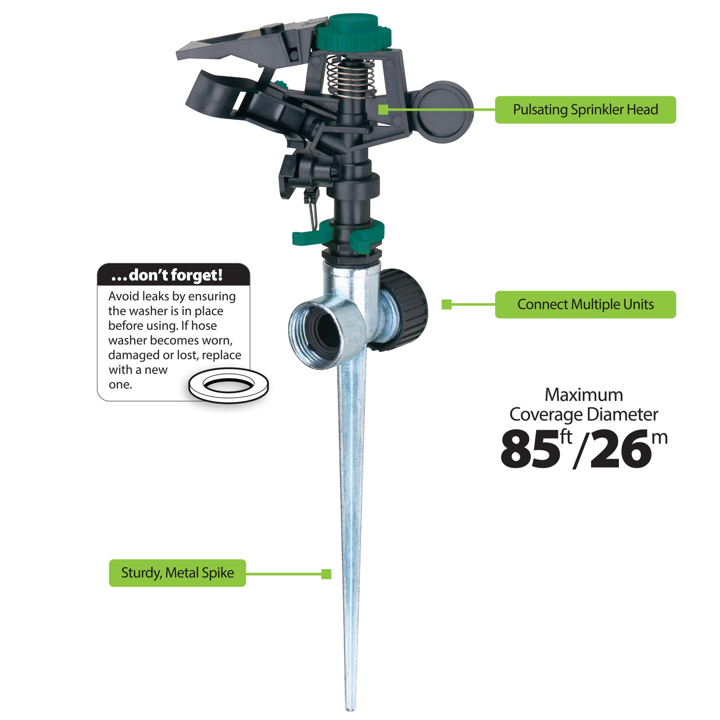 Melnor Pulsating Sprinkler showing adjustable spray distance and angle