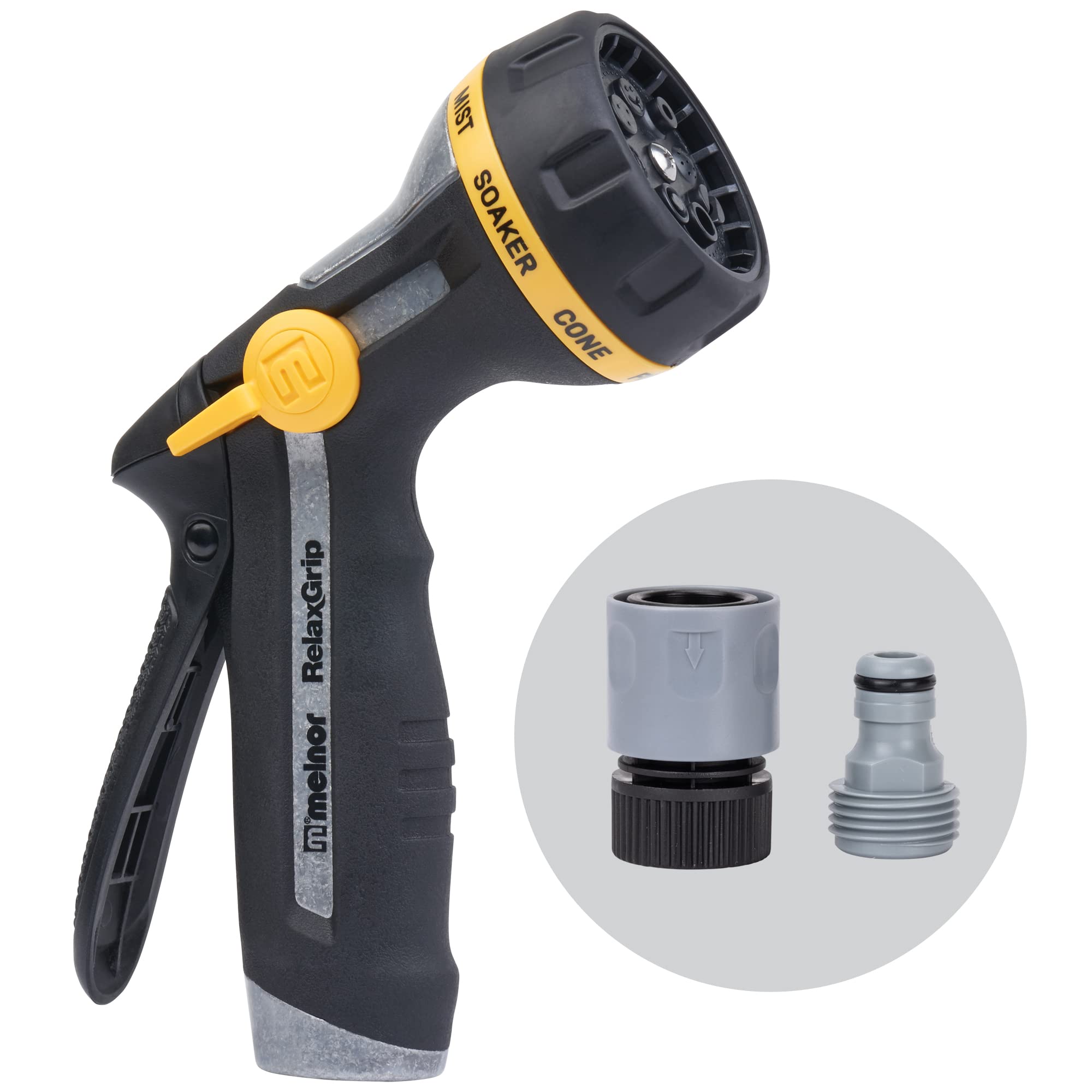 Melnor RelaxGrip 8-Pattern Hose Nozzle front view, Black and Yellow