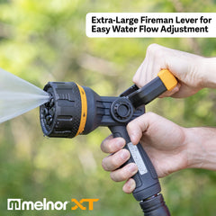 Melnor Torrent hose nozzle demonstrating multiple spray patterns