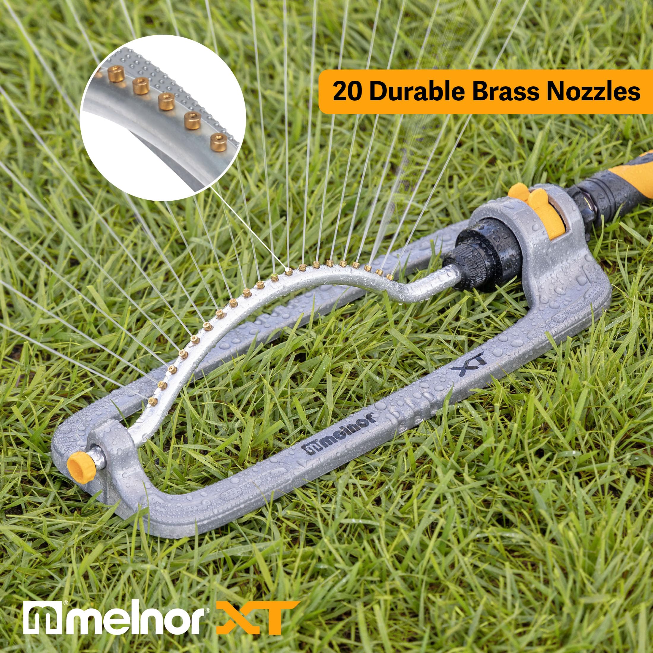 Melnor Turbo Oscillating Sprinkler in a garden setting