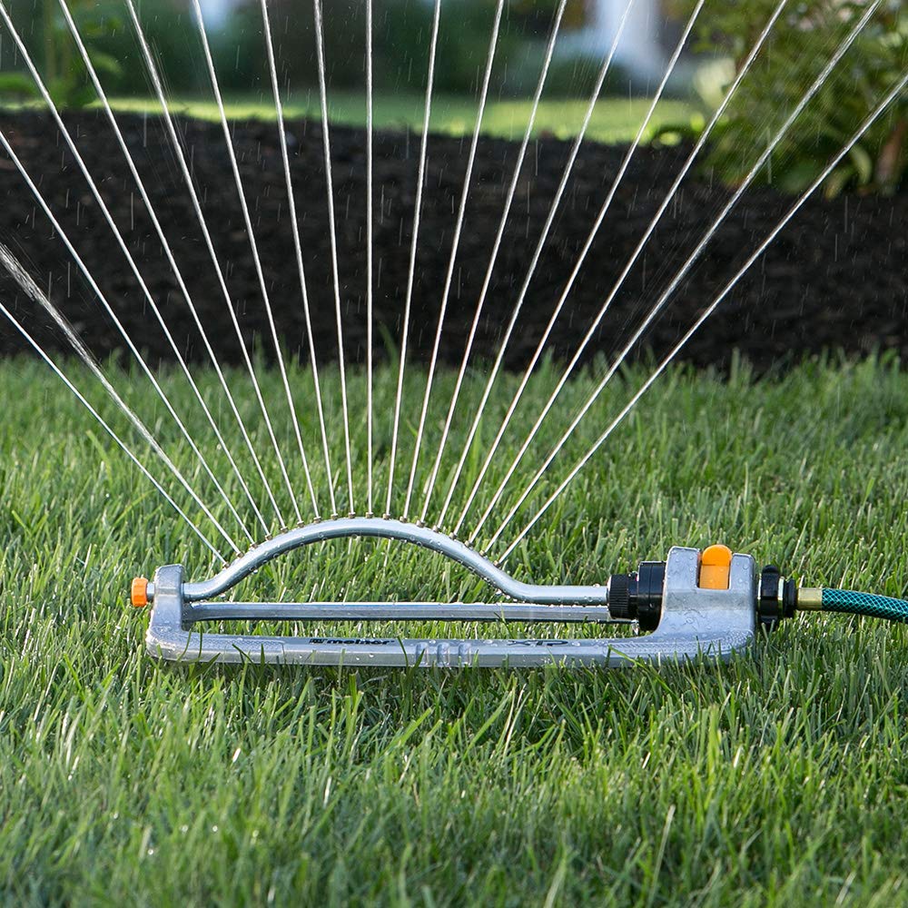 Melnor Turbo Oscillating Sprinkler showing durable metal construction