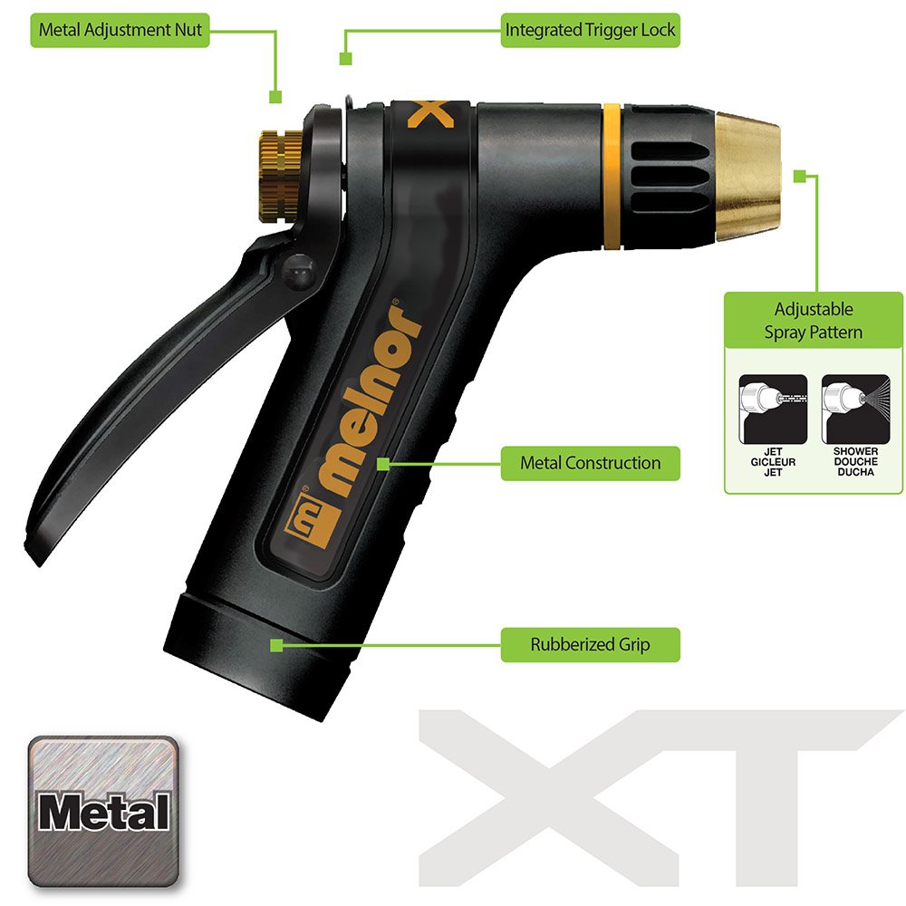 Melnor XT Metal Rear Trigger Nozzle side view with QuickConnect Adapter