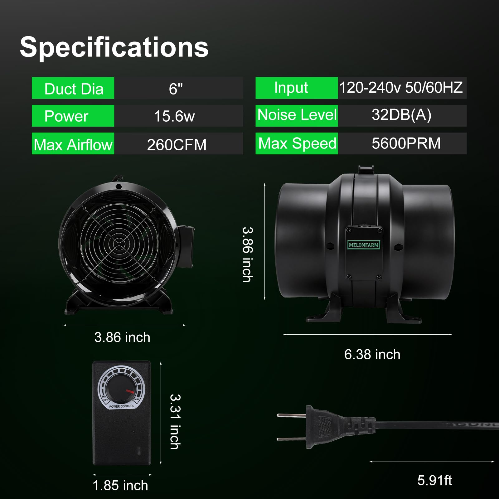 MELONFARM 6" Inline Duct Fan E12 speed controller close-up