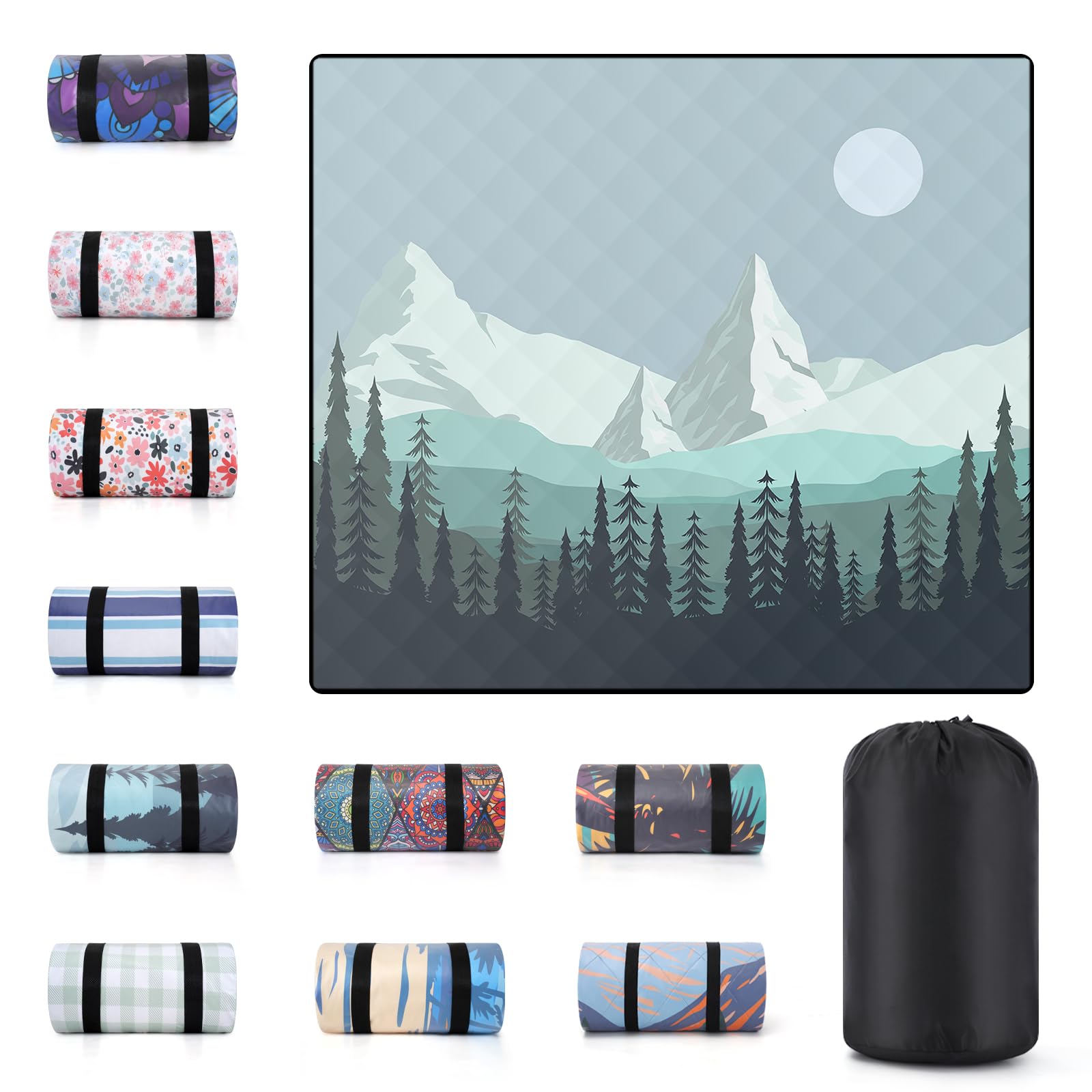 memKiya 60x80 inch Waterproof Picnic Blanket Blue-green Mountains folded view