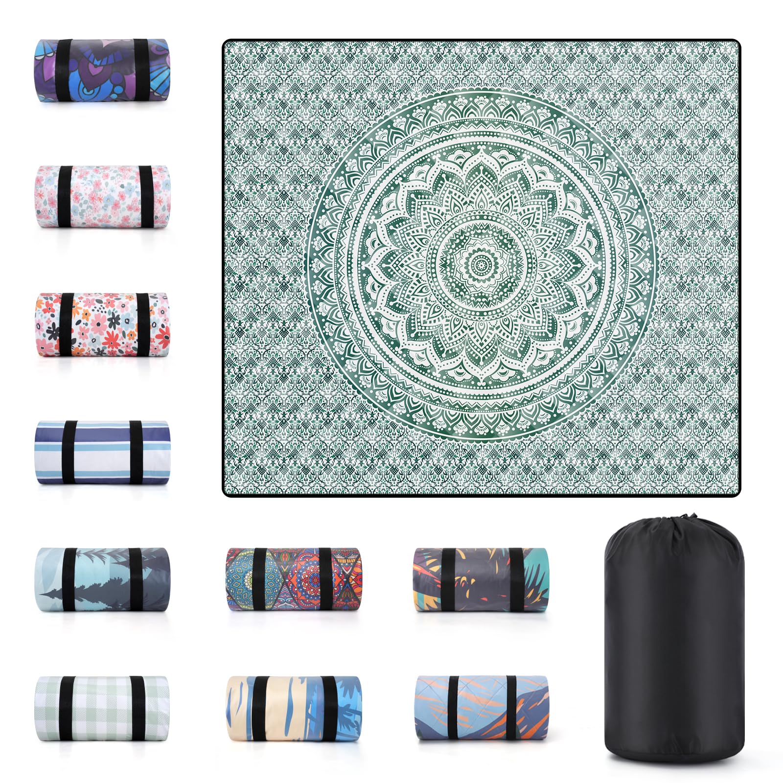 memKiya 60x80" waterproof picnic blanket folded in green mandala design