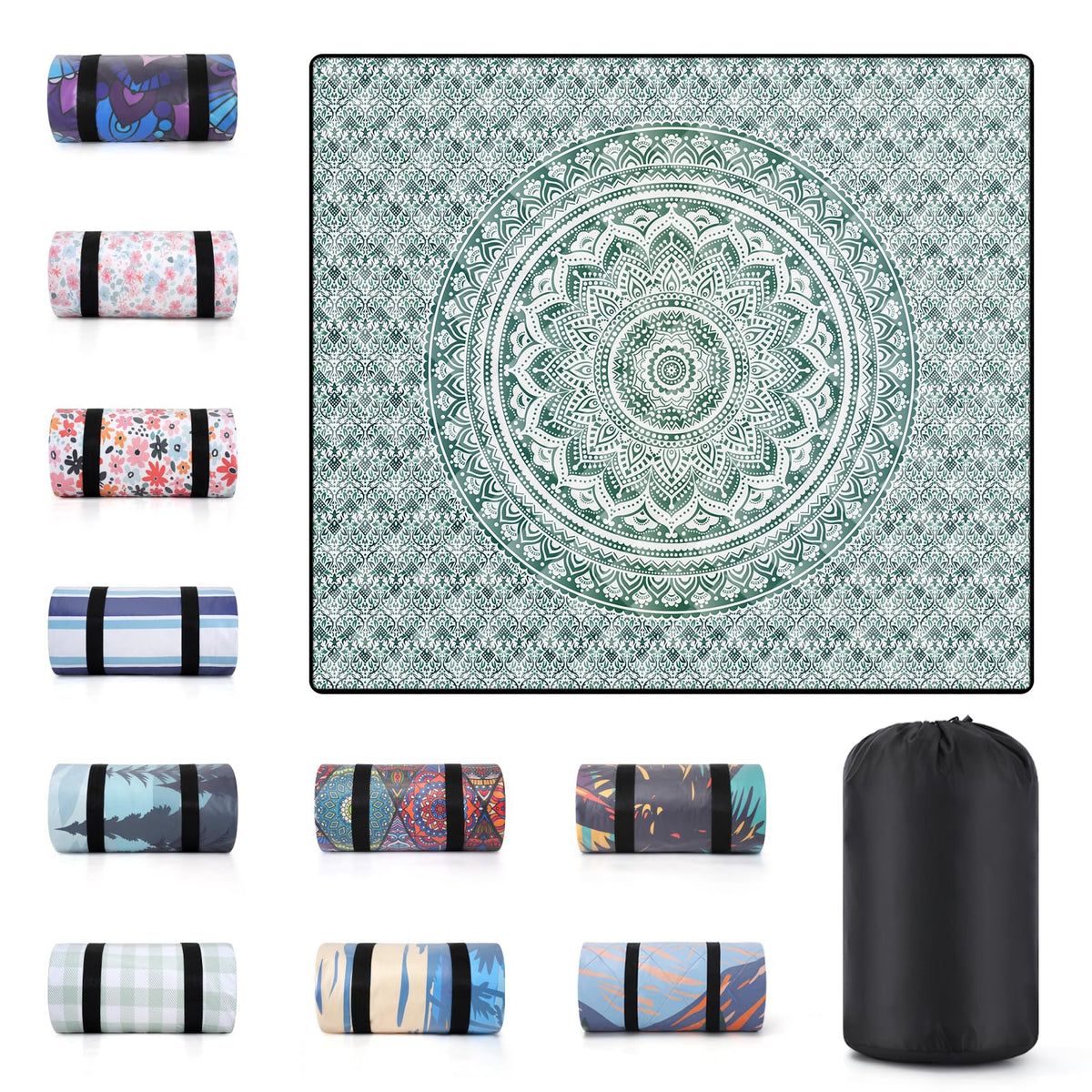 memKiya 60x80" waterproof picnic blanket folded in green mandala design